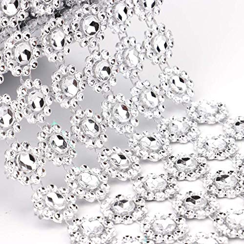 MUZOCT 4" X 10 Yards (30 Feet) Silver Flower Mesh Rhinestone Crystal Diamond Ribbon Wrap for Event Decorations, Wedding Cake, Bridal & Party, Dress Appliques