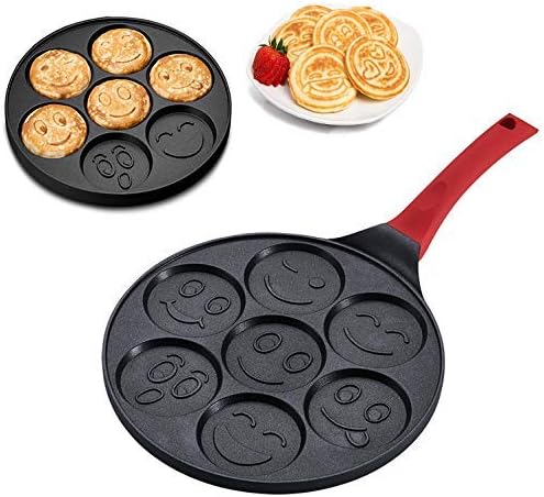 SOHAPY Non-Stick Pancake Mold Pan Maker Egg Poacher Cooker Fried Egg Molds with 7 Unique Flapjack Faces and Silicon Handle Aluminum Smiley Face Prime Housewarming Wedding Kids Gift