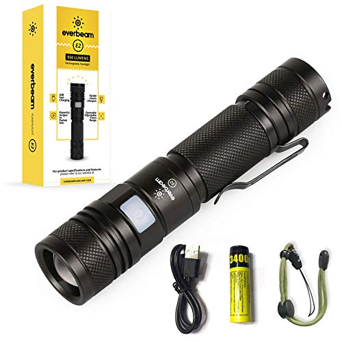 Everbeam E2 LED Tactical Flashlight 950 Lumen Bright Torch, USB Rechargeable, Zoomable, Adjustable Lanyard, Waterproof, 3400 mAh 18650 Battery and 12 Hours Runtime | Inspection Work Hiking Emergency Outdoor Hunting Police EDC Handheld Survival
