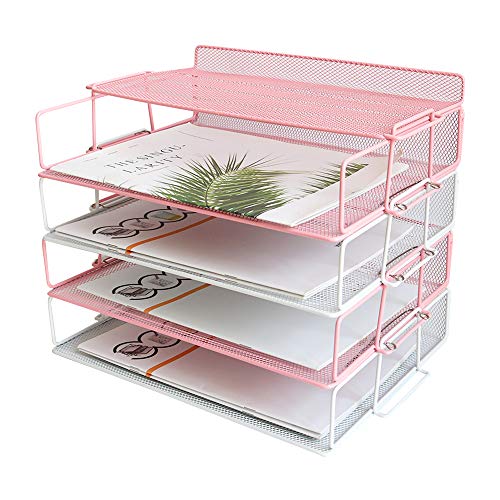 4 Tier Reinforce Stackable Paper Document Letter Tray Desk Organizer, New Design Metal Mesh File Holder Organizer for Home Office School, Folders Letters Paper Storage Pink (Color)