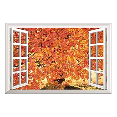 Red Maple Leaf in Autumn Open Window Mural Wall Sticker - 36