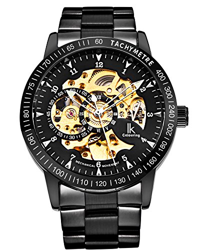 GuTe IK Casual Mens Black Steel Skeleton Automatic Mechanical Wristwatch Golden Dial Tachymeter