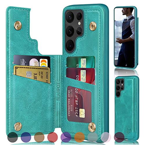 SUANPOT【RFID Blocking for Samsung Galaxy S22 Ultra 5G Wallet case with Credit Card Holder,Flip Book PU Leather Phone case Cover Cellphone Women Men for Samsung S22Ultra case (Blue Green)