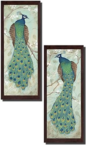 2 Roosting Peacock Art Prints Exotic Animal Home Decor 6x18; Two Brown Framed 6x18in Prints; Ready to Hang!