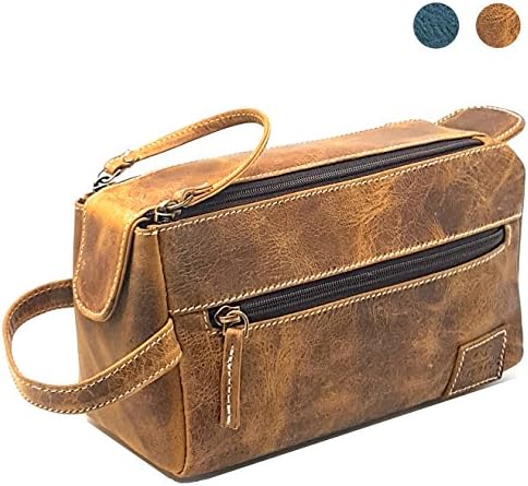 PURPLE RELIC: Handcrafted Genuine Leather Toiletry Bag Dopp Kit for Travel - Back to School, Off to College Gift - Multipurpose Use at Home and Office - Unisex (Tan)