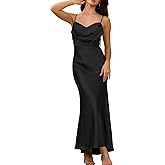 Women's Satin Spaghetti Strap Cowl Neck Backless Midi Wedding Guest Dress Ruched Sleeveless Tie Summer Dresses