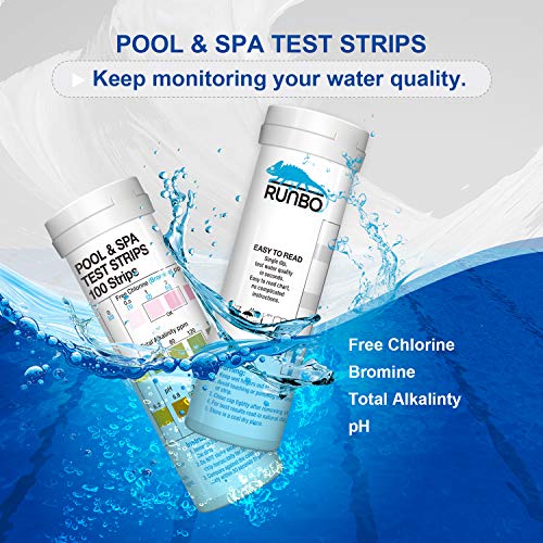 RUNBO 4 in 1 Pool & SPA Quality Testing Strips Easy and Accurate Test Free Chlorine, Bromine, Total Alkalinity and pH. 100 Counts.