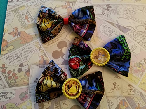 Disney Beauty and the Beast Stained Glass Fabric hair bows with bottle cap center,Belle hair bow, Disney beauty and the beast hair bow