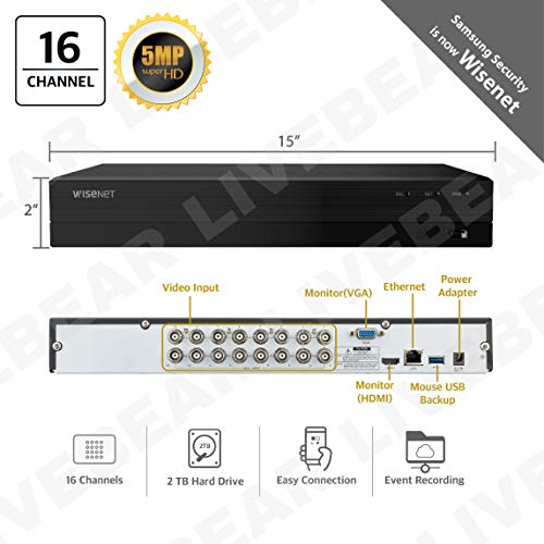 Wisenet SDR-853052T 16 Channel Super HD Video Security DVR with 2TB Hard Drive (Renewed)