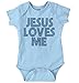 Brisco Brands Jesus Loves Me Retro Christian Baby Romper Boys or Girls Light Blue 6 Months