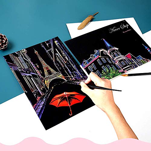 Pobec Scratch Art, Scratch Art Paper DIY Night View Scratchboard for Adult and Kids, with Scratch Paper Pens/Black Brush,8.2''x11.4'' (Corner) - Thumbnail 3