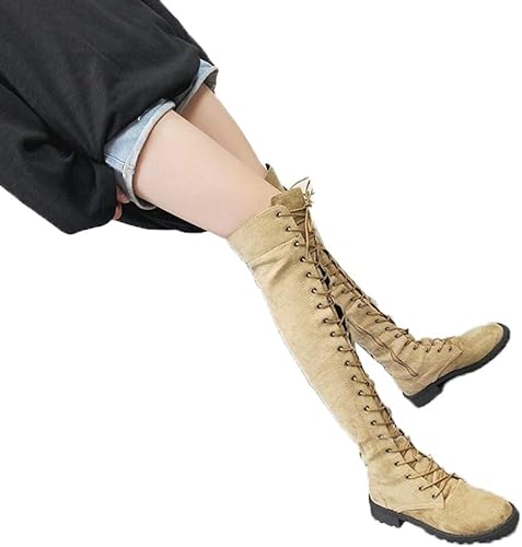 Amazon Hsfeo 編み上げ レディース ニーハイブーツ ロングブーツ ストレッチ スエード レースアップ フラット マーティンブーツ ストレッチ カッコイイ セクシー ファッション 大きいサイズ 細見え ブーツ ブーティ
