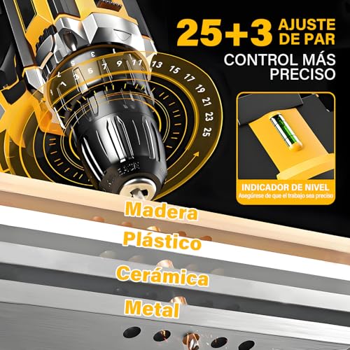 KIROGILY Taladro Inalámbrico, 3 en 1 Desarmador Electrico Inalambrico Con Kit de Herramientas, Ajuste de Par de 25+3 Atornillado/Taladrado/Impacto,para Reparaciones Domésticas y Tareas Profesionales