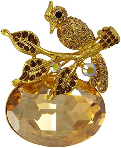 Swarovski Crystal Brooch Baby Bird Standing on Tree Branch with Crystalized Leaves (Yellow)