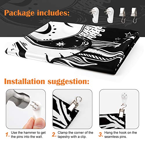 Tapestry Wall Hanging, Magicalmai Sun and Moon Wall Tapestry Burning Sun with Stars Tapestries Wall Art Mural Home Decorations for Bedroom Living Room Decor Black and White 59.1x59.1 Inches