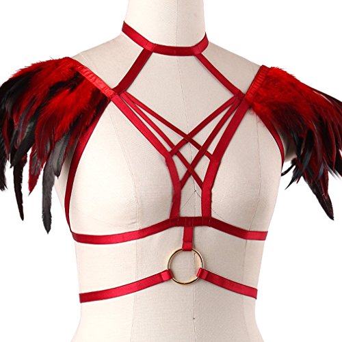 Red Feather Harness Caged Bralette Epaulette Wings Body Crop Top Plus Size Goth Fetish Art Clothing - Thumbnail 6