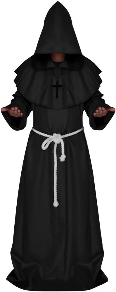 LETSQK Men's Friar Medieval Hooded Monk Priest Robe Tunic Halloween Cosplay Costume