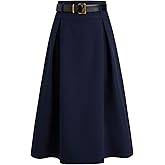 CIDER Pleated Skirt for Women Maxi A Line Solid Mid Waist with Belt Casual Elegant Midi Skirt