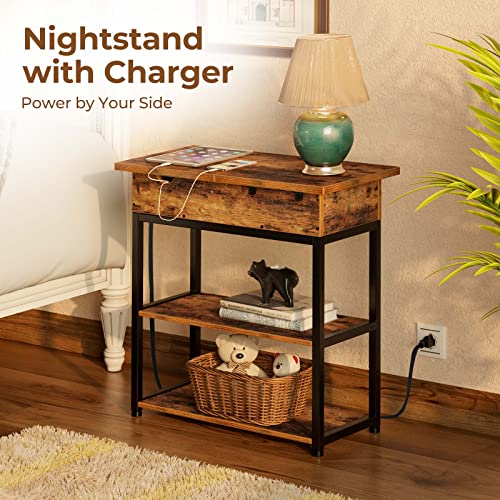 Rolanstar End Table with Charging Station, Narrow Nightstand, Flip Top