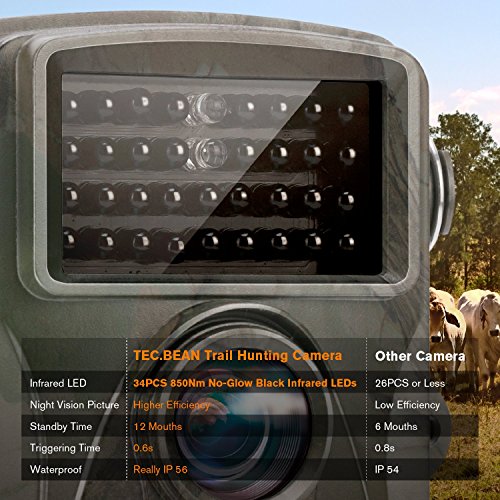 TECBEAN-Trail-Camera-12MP-1080P-Full-HD-Hunting-Game-Camera-34PCS-850NM-No-Glow-Black-Infrared-LEDs-With-Night-Vision-Up-To-65-Feet-for-Wildlife-Monitoring