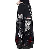 kakarin choyx Harajuku Gothic High Waisted Straight Leg Jeans Y2K Vintage Lattice Fringe Ripped Embroidered Denim Pants