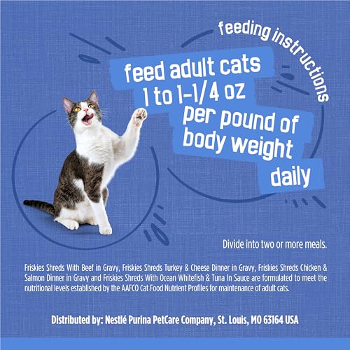 PURINA FRISKIES WET CAT FOOD VARIETY PACK, SHREDS WITH BEEF, TURKEY AND CHEESE DINNER, CHICKEN AND SALMON DINNER, AND WITH OCEAN WHITEFISH AND TUNA – (PACK OF 40) 5.5 OZ. CANS