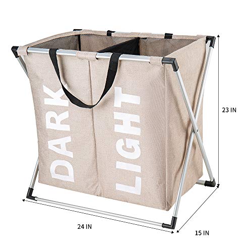 Hosroome 2 Sections Laundry Hamper Laundry Baskets with Aluminum Frame (24"x 15"x 23") Dirty Clothes Bag for Bathroom Bedroom Home College Use,Beige