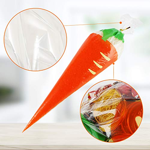 HANSGO Carrot Bag, 100PCS Easter Candy Bags Jelly Bean Candy Bag Cellophane Cone Bags Cookies Bags with Twist Ties