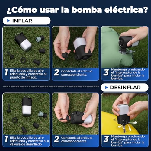 Bomba de Aire Eléctrica Portátil 4000Pa Recargable con Camping Luz, Mini Inflador Electrico Inflables y Desinflables, Pare Camping/Alfombras Inflables/Anillo de Natación
