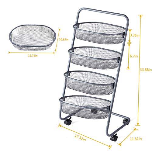 Buruis 4 Tier Utility Cart, Mesh Wire Rolling Cart Multifunction Storage Cart with Wheels for Bathroom/Kitchen/Living Room, Steel Wire Basket Shelving Trolley, Easy Assembly (Grey) - Thumbnail 2