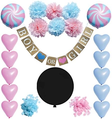 Gender Reveal Party Supplies | Baby Shower Decorations - Kit/Set: 36 inch Black Balloon with Baby Pink &amp; Blue Confetti, Boy Or Girl Pregnancy Banner/Sign, Latex Heart Balloons, Tissue Paper Pompoms
