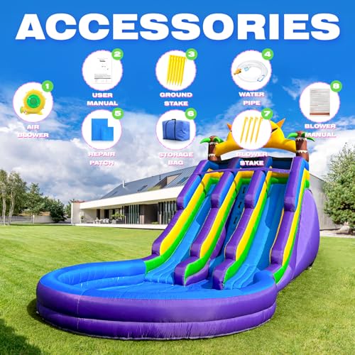 GOFAFALO Inflatable Grade Double Water Slide for Kids and Adults with Big Splash Pool, 20.6 * 9.45 * 11.3FT Backyard Party Oxford Water Slide with Air Blower-Purple