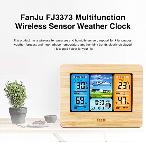 FanJu Color Weather Station with Temperature and Humidity Monitor, Weather Forecaster, Alarm Clock, Moon Phrase (Yellow)