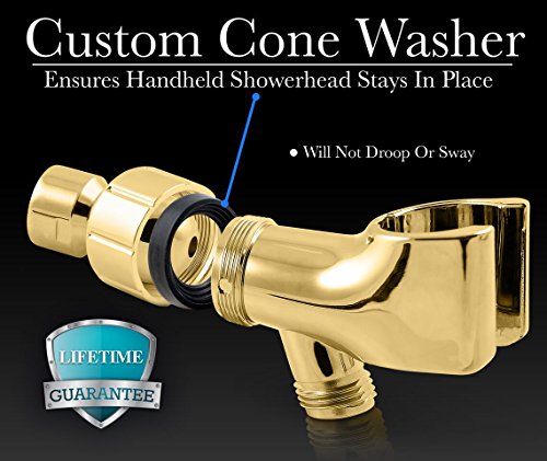 ShowerMaxx | Shower Head Holder in Brass Finish | Showerhead Mounts for Handheld Showerheads | Arm Bracket with Swivel Ball Connector | Adjustable Universal 1/2 in Male Female Shower Heads Wall Mount