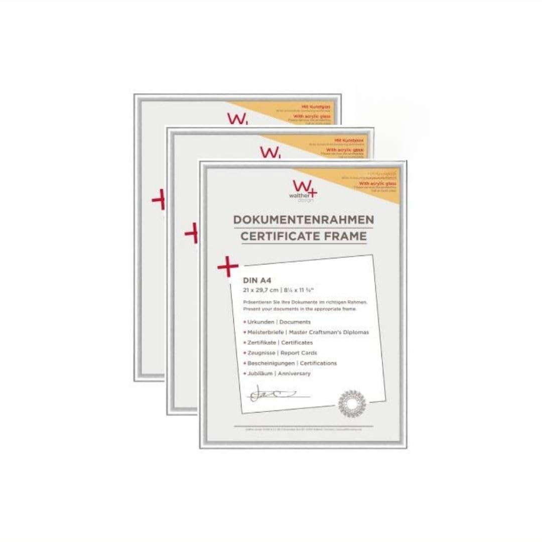 walther Design Picture Frame Silver 21 x 29,7 cm (DIN A4) with Art Glass 3-Pack, New Lifestyle Plastic Frame KVX130S3