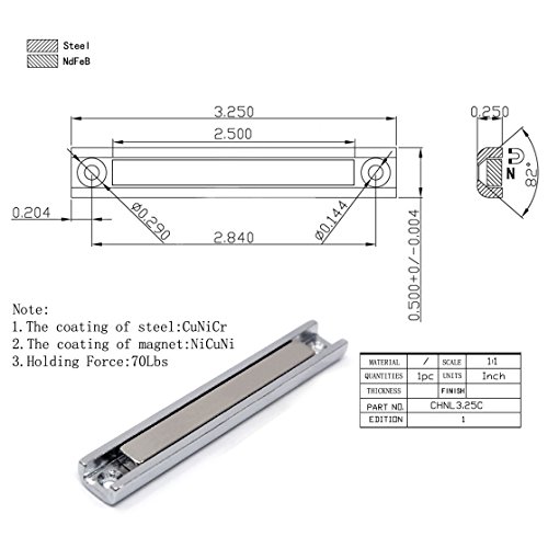 CMS Magnetics Super Strong Neodymium Channel Magnets with Countersunk Holes, 45 LB Holding Power Each for Doors, Cabinets or Gun Mounting Magnets Screws Included 6 Pack