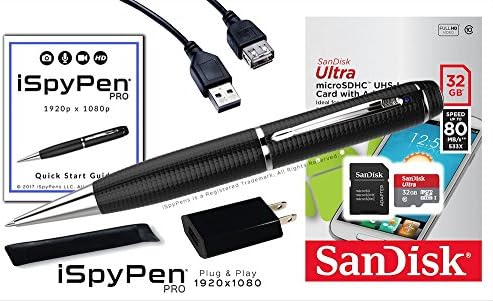 iSpyPen Pro 32GB Silver Hidden Camera 1920p x 1080p 2.1 Megapixel Spy Pen Gadget - Bundle SanDisk Micro SD Card - Lithium battery - charge cable - DVR Video Audio Photo - Quick Start Guide by iSpyPens