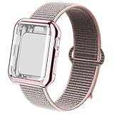 NUKELOLO Compatible for Apple Watch Band 44mm with Case, Sport Nylon Loop and TPU Screen Protector Case for iWatch Sport Series 4/3/2/1 [Pink Sand Band with Rose Pink Case 44MM]