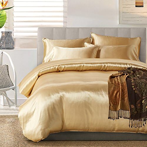 Yovoro Home Luxury Soft Satin Silky Reversible 4pcs Duvet Cover Set Bedding Set King Size Beige