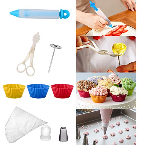 132 Pcs Cake Decorating Supplies kit with Turntable,48 Pcs Numbered Icing Tips and 3 Pcs Russian Piping Nozzles,12 Pcs Cupcake Moulds