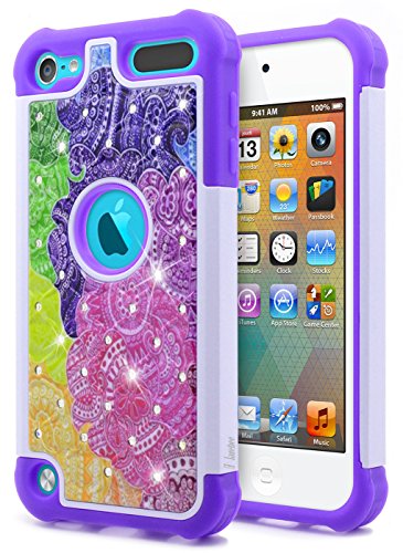 Apple iPod Touch 6th Case, iPod 5th Generation Case, NageBee [Hybrid Protective] Armor Soft Silicone Cover with [Studded Rhinestone Bling] Design Hard Case (Rainbow)