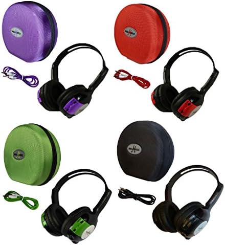 4 Pack Kid Sized Wireless Infrared Universal Car DVD IR Automotive Colored Adjustable 2 Channel Headphones With Case and 3.5mm Auxiliary Cord