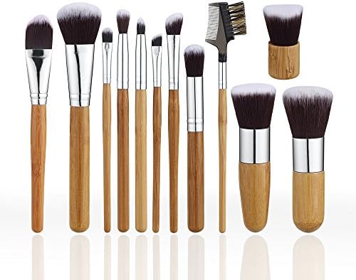 Premium 12 Makeup Brushes Set Kit,Professional Woman Cosmetics Basic Travel Beauty Brush,Angled Flat,Contour,Eyeliner,Blush,Bronzer,Shadow,Blending Concealer,Powder,Foundation with Cleaner Pad(Bamboo)