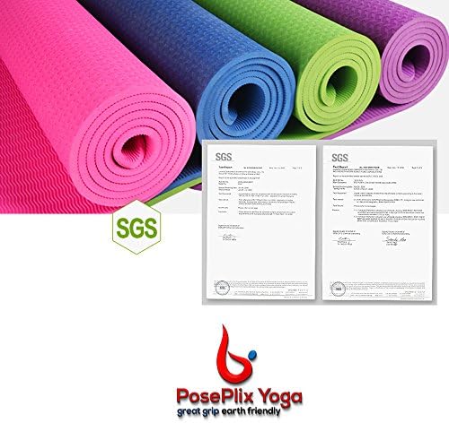 PosePlix Yoga Mat 72×31×1/4 Nonslip Surface Body Alignment Lines SGS Certified TPE Material Anti-Tear Exercise Non-Toxic Odorless with Carrying Rope (Cerulean)