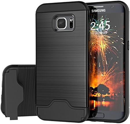 Raydem Samsung Galaxy S7 Edge Case, Galaxy S7 Edge Shockproof Case with Card Slot Holder and Built-In Kickstand,Wire Drawing Cover Design, Black
