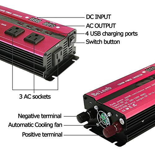 Beleeb 1000W Car Power Inverter DC 12V to 110V 3 AC Outlets Home Car RV Solar Power Converter for Household Appliances in case Emergency, Hurricane, Storm and Outage