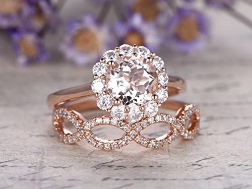 2pcs Morganite Engagement Ring Set,7mm Round Cut Natural Pink Morganite Solid 14k Rose Gold Charles &amp; Colvard Moissanite Halo Retro Style Half Eternity Twist Curve Matching Wedding Band