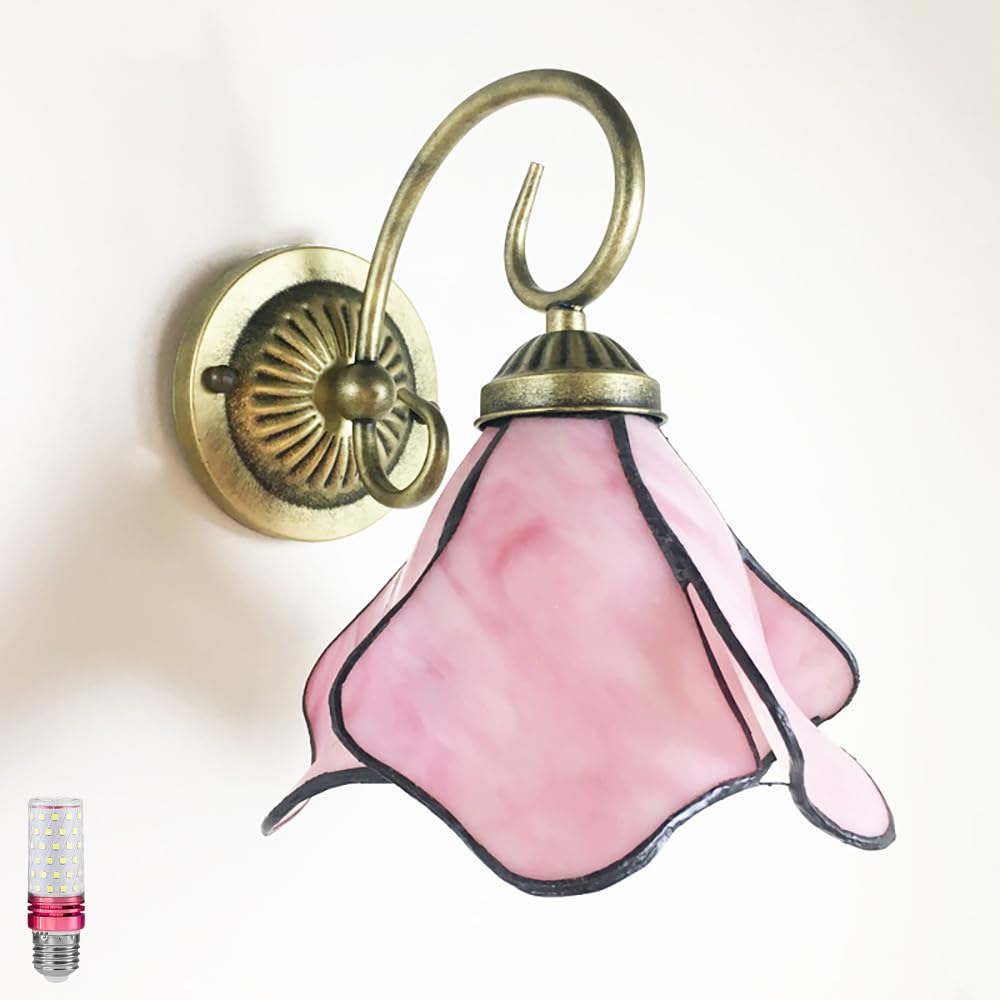 Photo 1 of Aeyee Tiffany Style Wall Sconce, Flower Shaped Wall Light, Stained Glass Wall Lamp for Entrance, Bedroom, Hallway in Pink