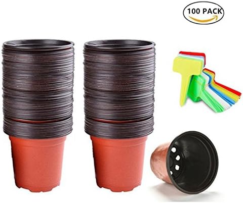 100-Pack 4" Reusable Plastic Flower Seedlings Nursery Pots with 100PCS 5 Colors Waterproof Plastic Nursery Garden Labels Plant Tags