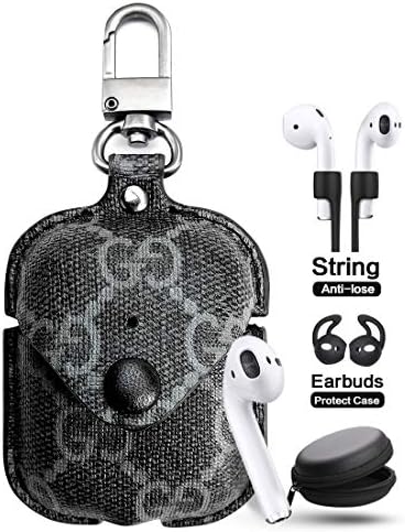 Jansase Designer Case for Airpods 1st/2ed with Keychain, Luxury Classic Leather Case Kits Accessories Compatible with Airpod Charging Case Cover (Blue Flower)